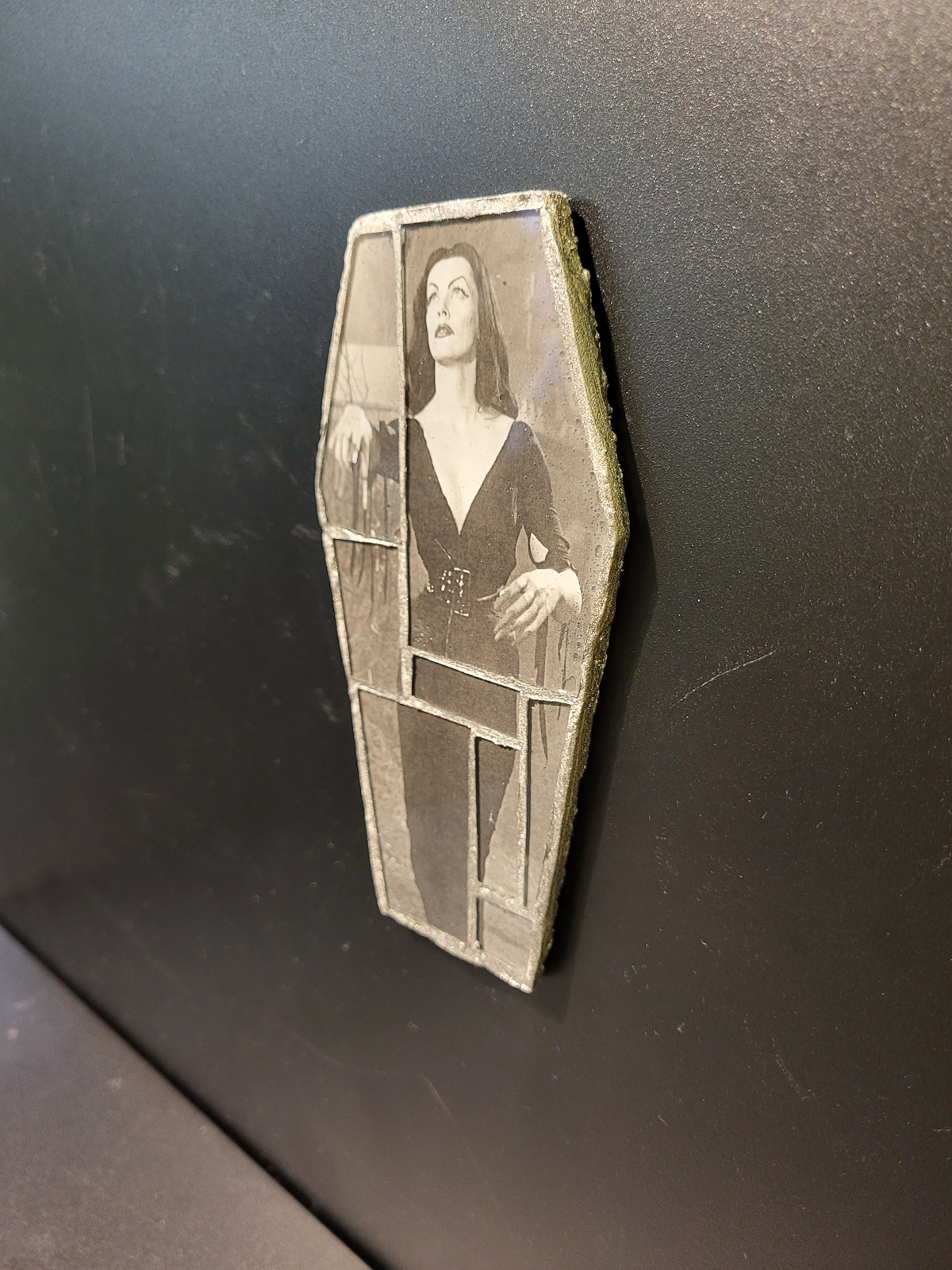 Coffin Glass mosaic magnet  "Vampira in a forest"