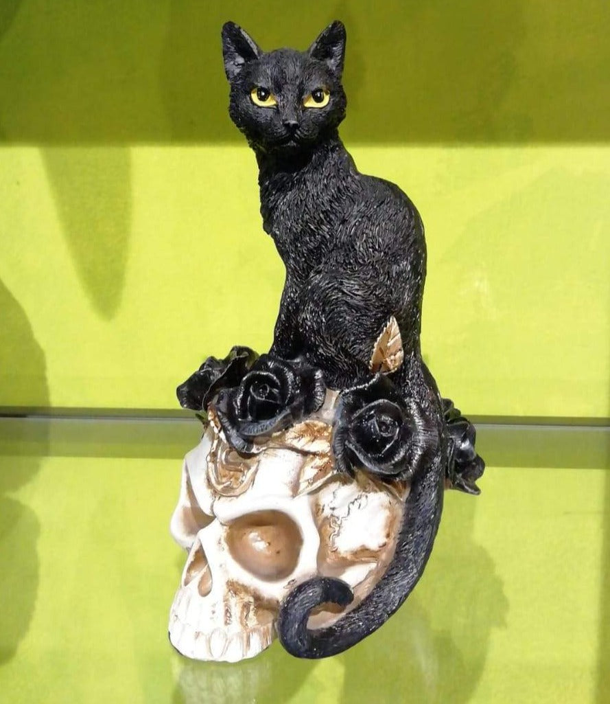 Black cat, skull and roses